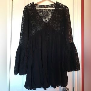 free people lace dress bell sleeve black XS 0 2 mini tunic
